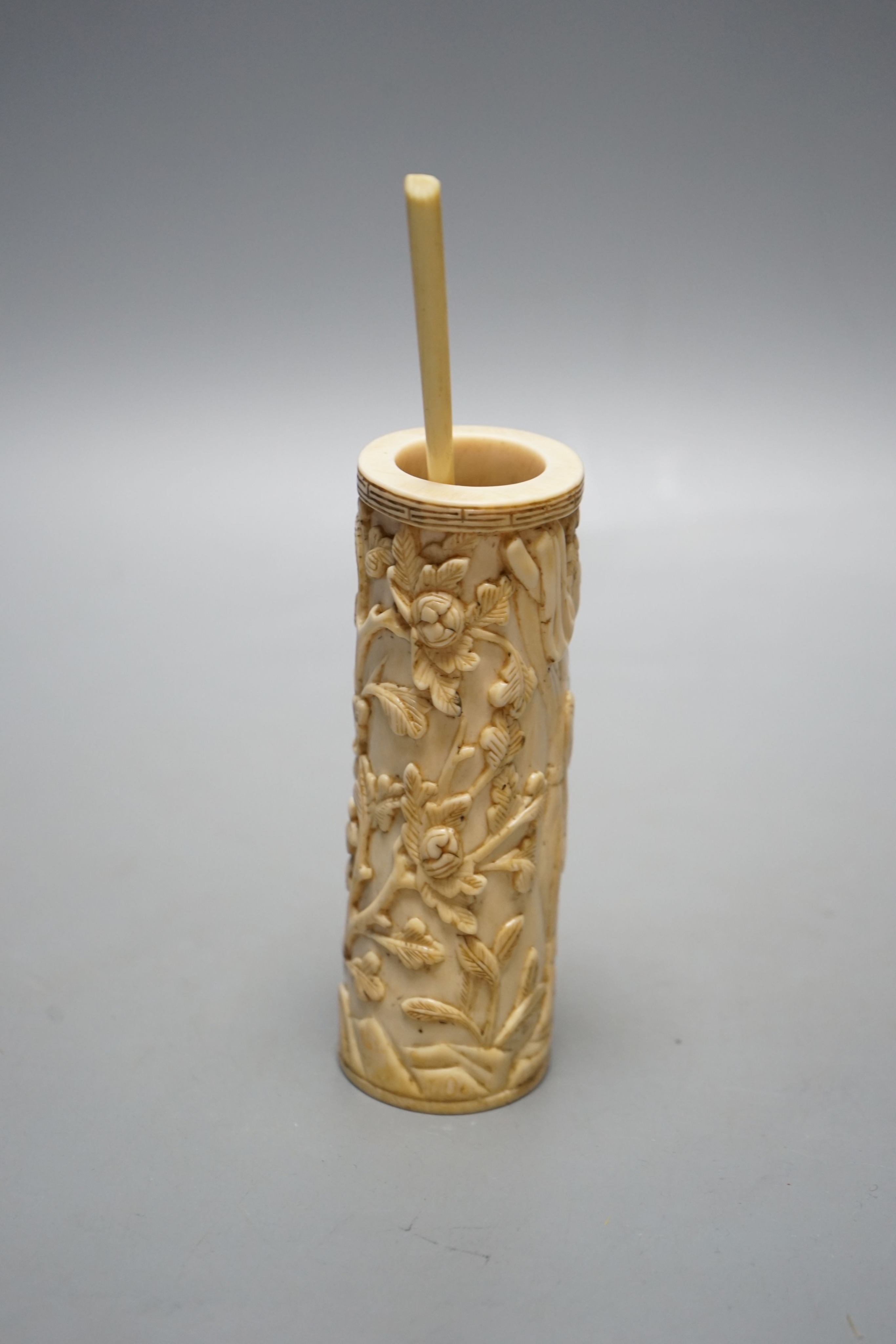 A Chinese 19th century ivory snuff spoon and a brush pot with lady, brush pot 12 cms high.